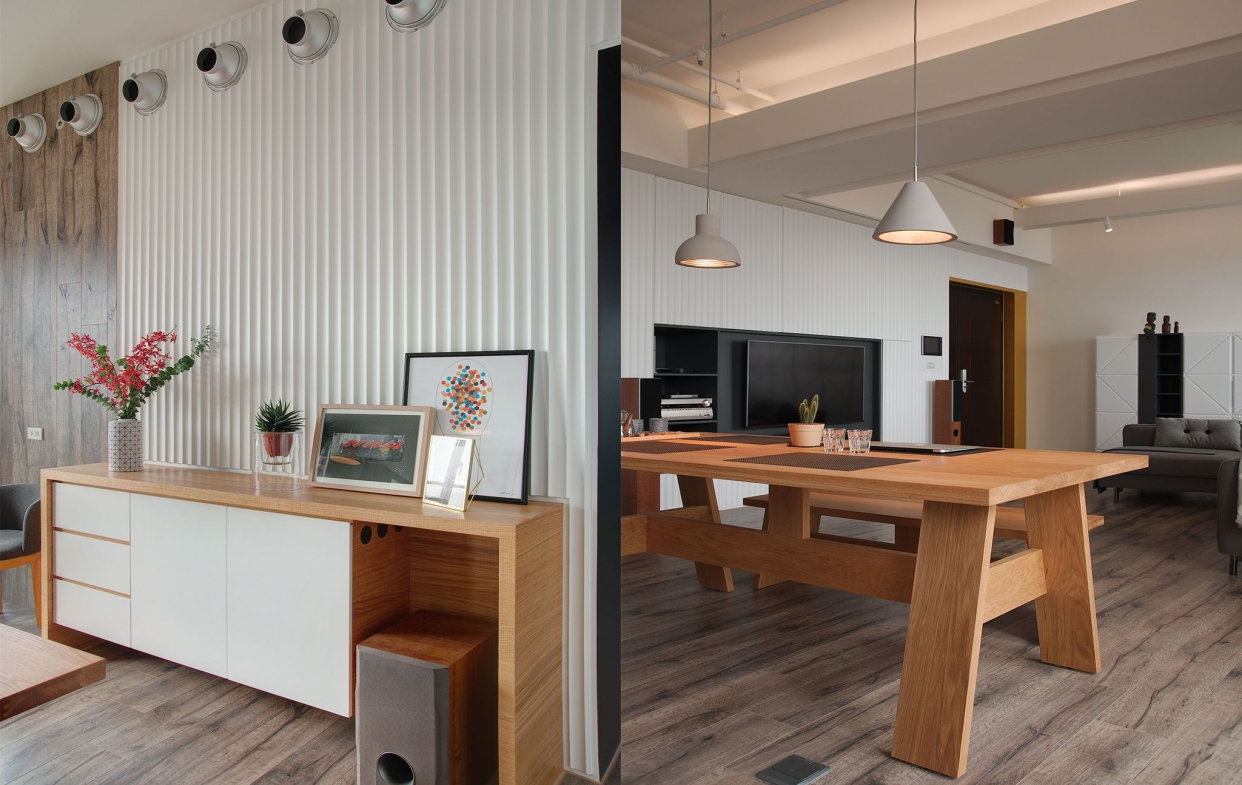 線條延伸裝飾以白纖維板與地板木紋互為搭配